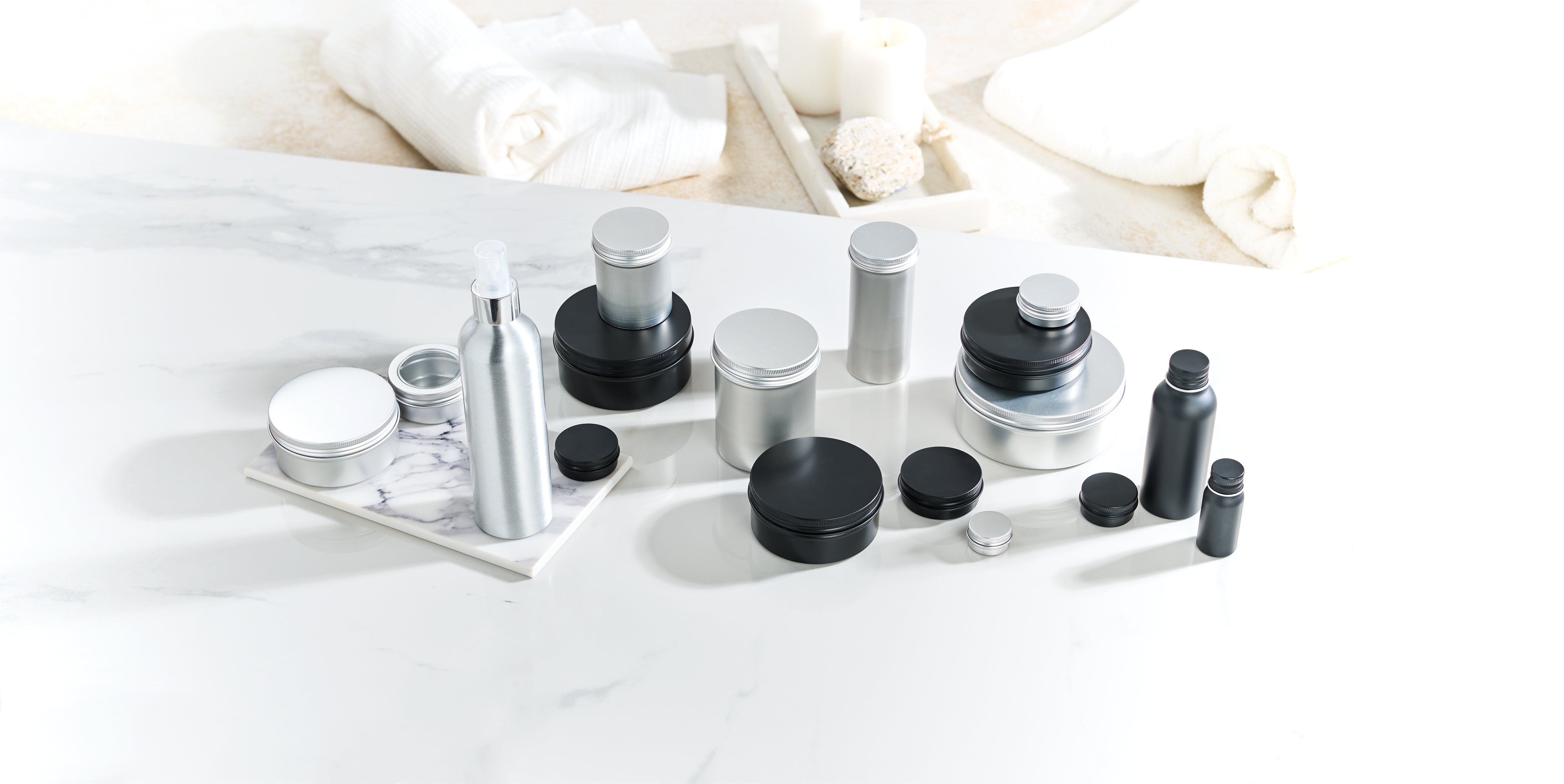 metal packaging in a bathroom background