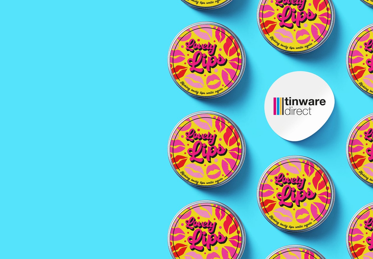 Labelled round metal tin collection for lip balm.