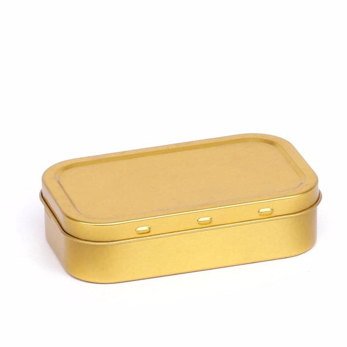A picture of a gold rectangular tin which shows the lid pips for secure lid closure. The product code is T2106.