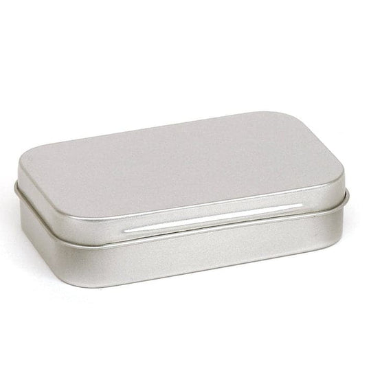 A rectangular tin in silver.