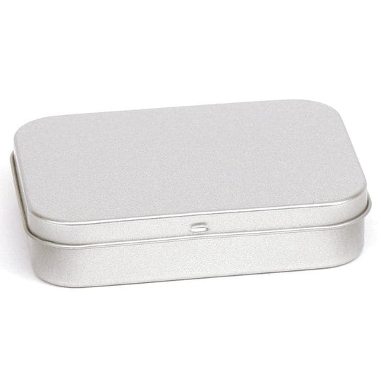 A rectangular tin in silver.
