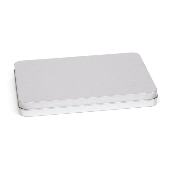 Rectangular metal packaging in silver.