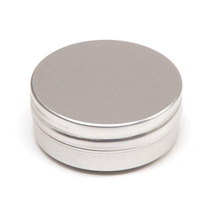 A silver aluminium metal container with a smooth screw lid.