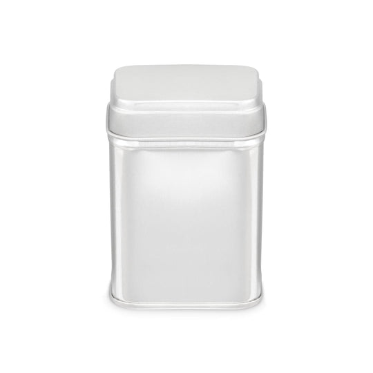 The medium sized silver rectangular tin with slip lid that is suitable for stacking with other sizes. The product code is T4092.