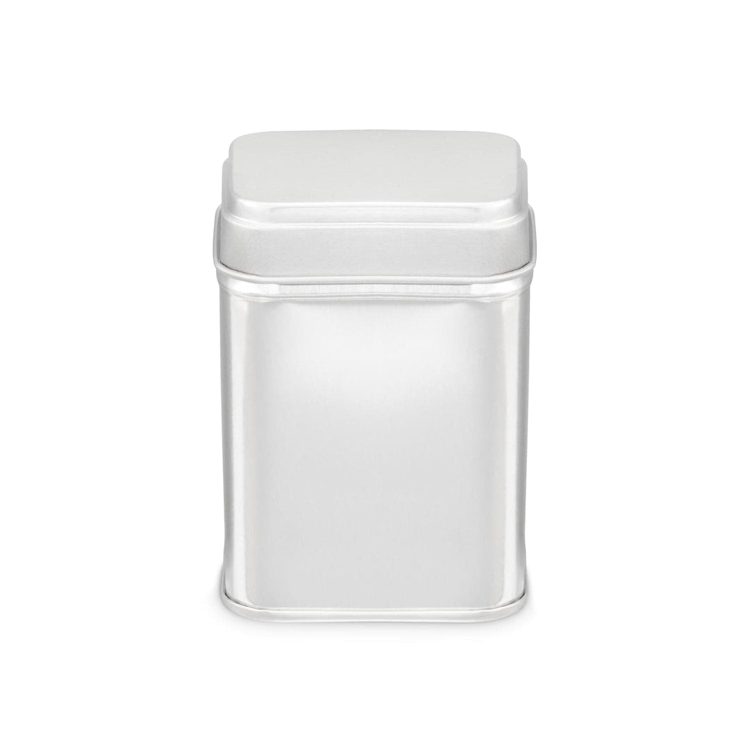 The medium sized silver rectangular tin with slip lid that is suitable for stacking with other sizes. The product code is T4092.