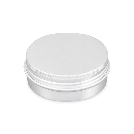 A round silver aluminium screw lid tin.
