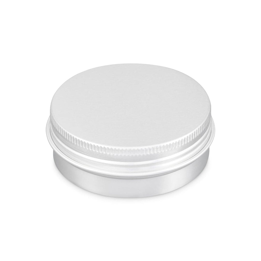 A round silver aluminium screw lid tin.