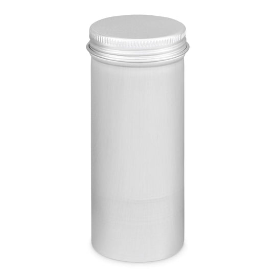 Tall round aluminium tin with screw lid in silver with product code T9071.
