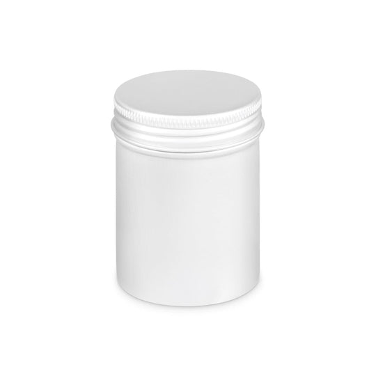 Tall round aluminium tin with screw lid in silver with product code T9072.