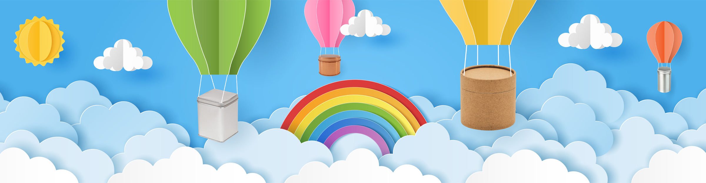 Metal boxes and cardboard tube packaging being delivered by hot air balloons.